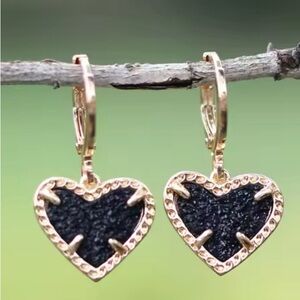 Gold Black crystal Heart Hoop Dangle earrings